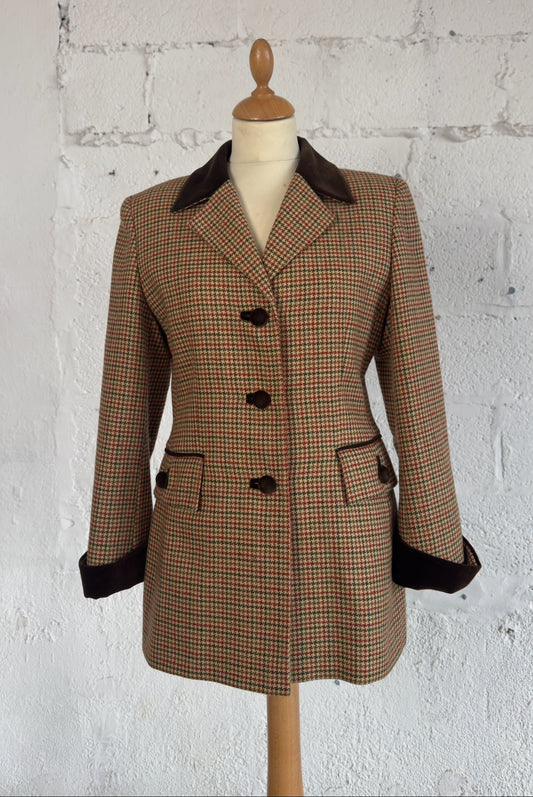 Women’s Houndstooth Wool Blazer Velvet Detail Size S/M Women’s UK 8/10