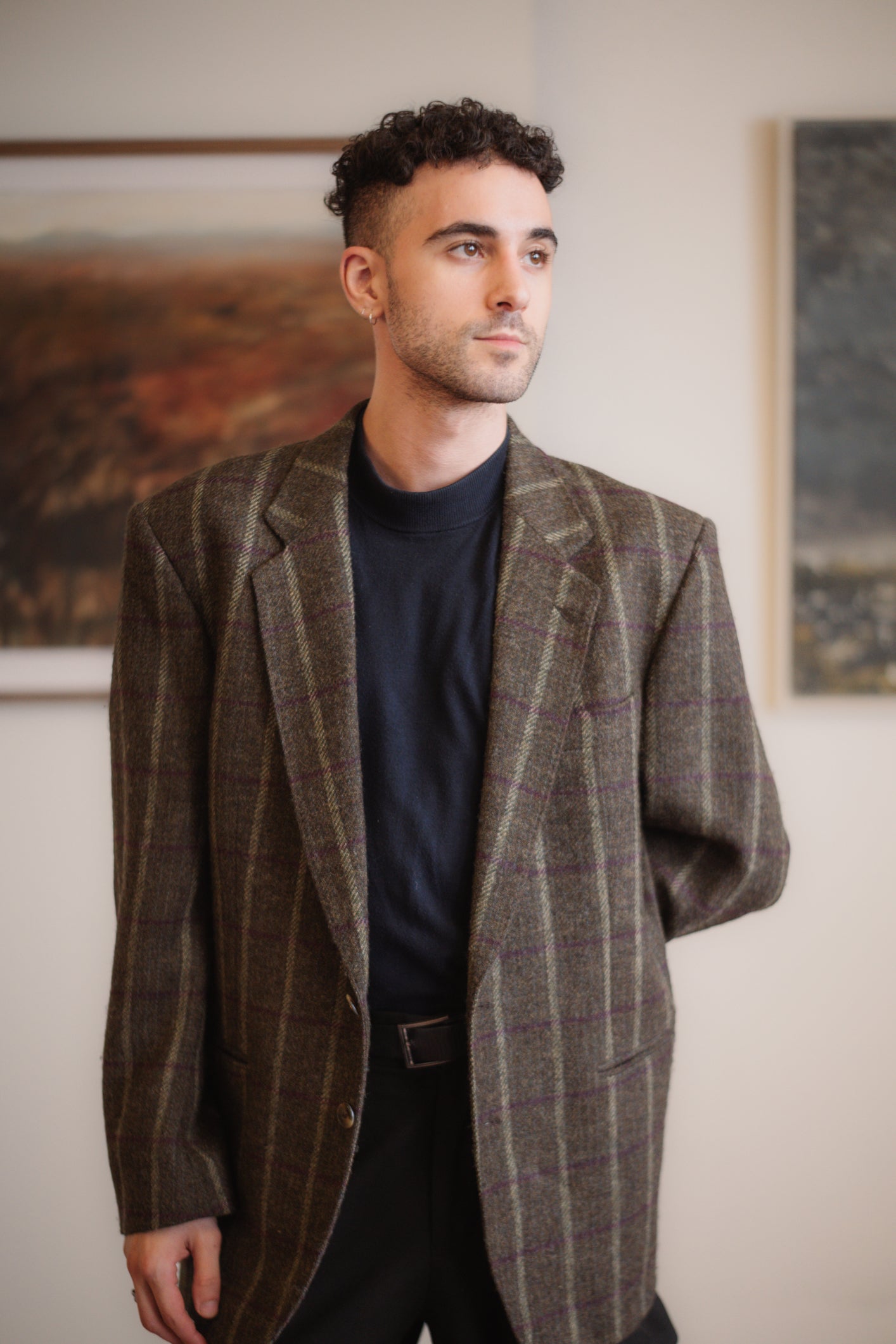 Tweed Blazer Dark Green with Purple Accent Size S/M Men’s UK 38-40 / EU 48-50