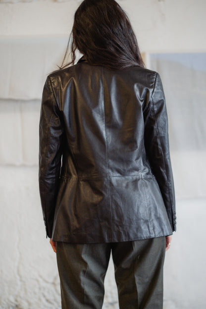 Vintage Black Leather Blazer - Real Leather, Straight Fit, UK 8/10 S/M