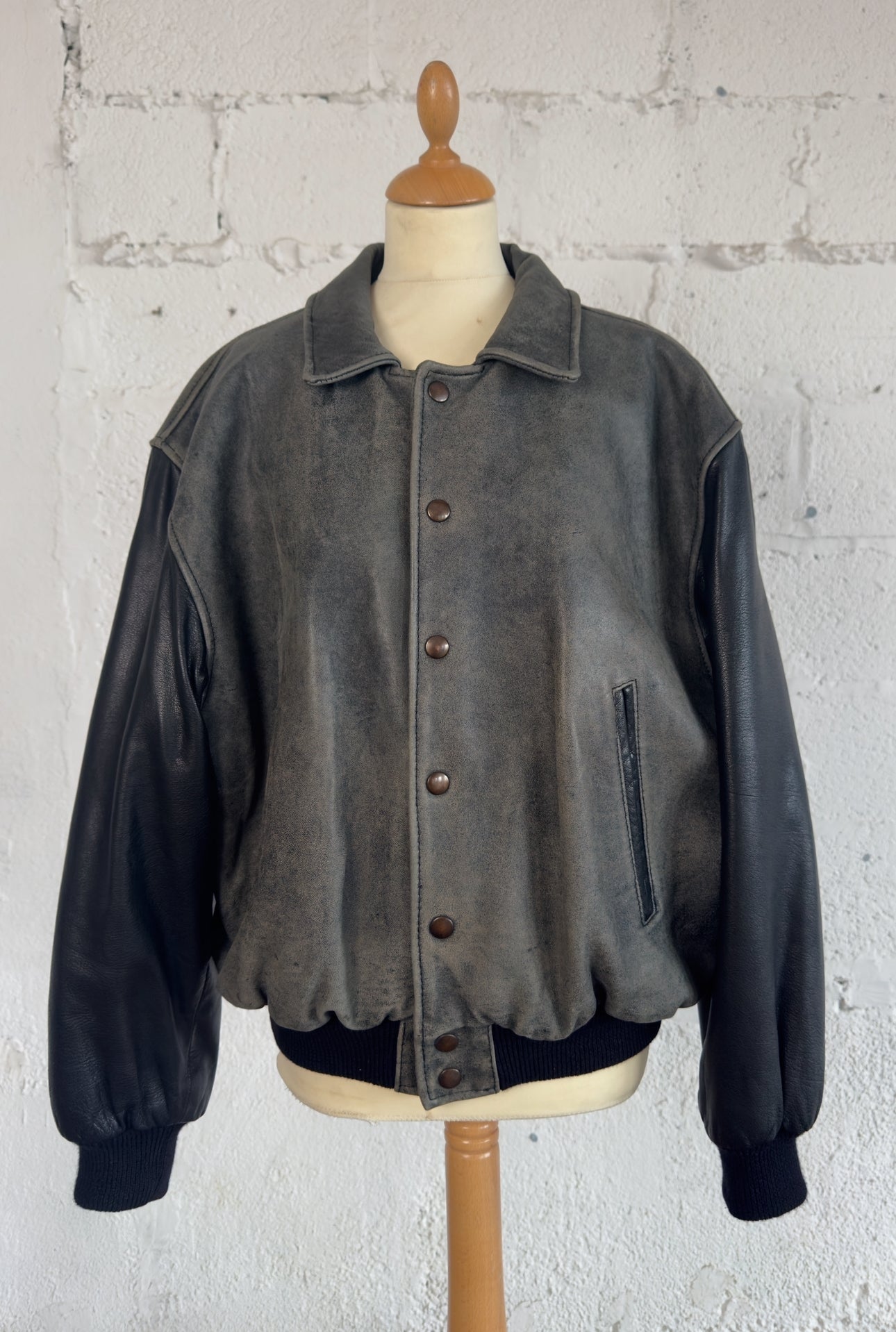Leather Varsity Bomber Jacket in Grey Unisex Men’s L Women’s XL UK 12/14
