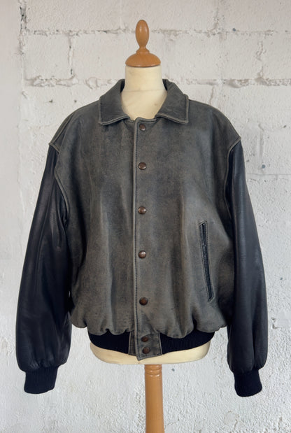 Leather Varsity Bomber Jacket in Grey Unisex Men’s L Women’s XL UK 12/14