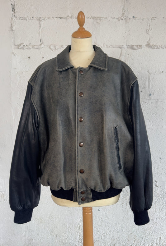 Leather Varsity Bomber Jacket in Grey Unisex Men’s L Women’s XL UK 12/14
