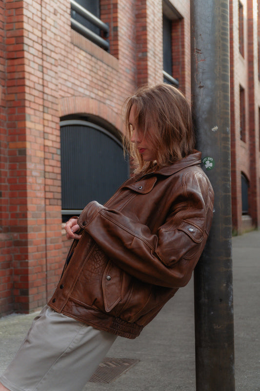 Vintage Brown Leather Bomber Jacket - Real Leather, UK 12/14 L