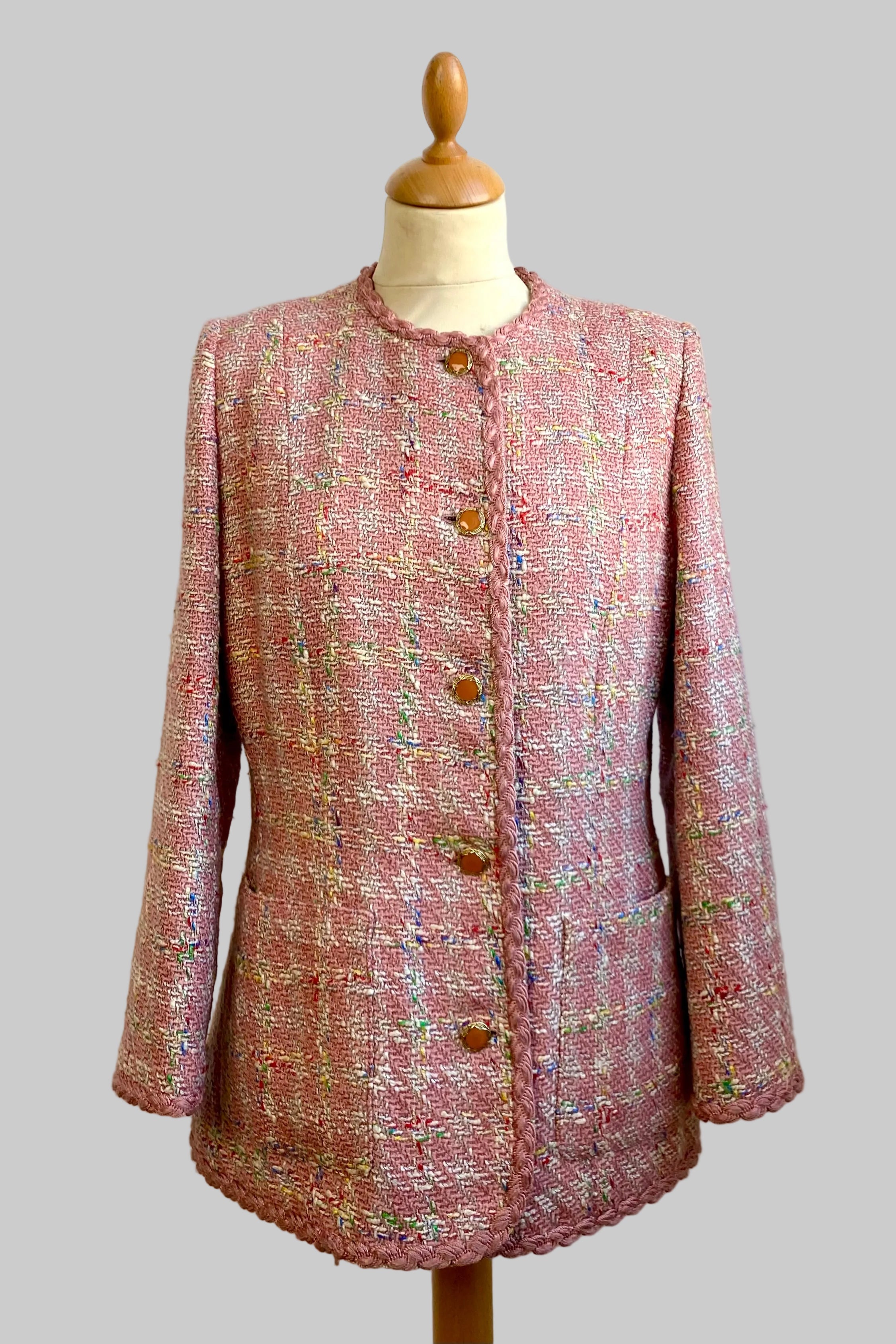 Pink Bouclé Blazer Round Collar