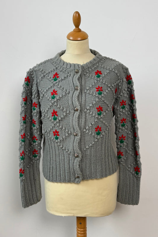 GREY WOOL CARDIGAN WITH FLORAL EMBROIDERY SIZE S/M UK 8/10