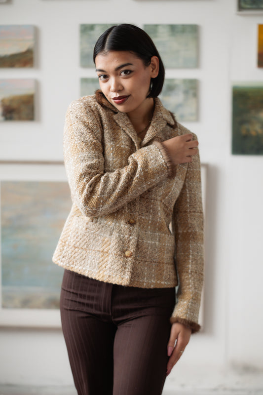 Événement Toujours Camel Brown Blazer Jacket with Fur Detail Size S/M UK 8/10
