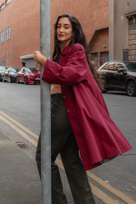 Burgundy Trench Coat - Classic Tailored Coat, UK 12/14 L/XL