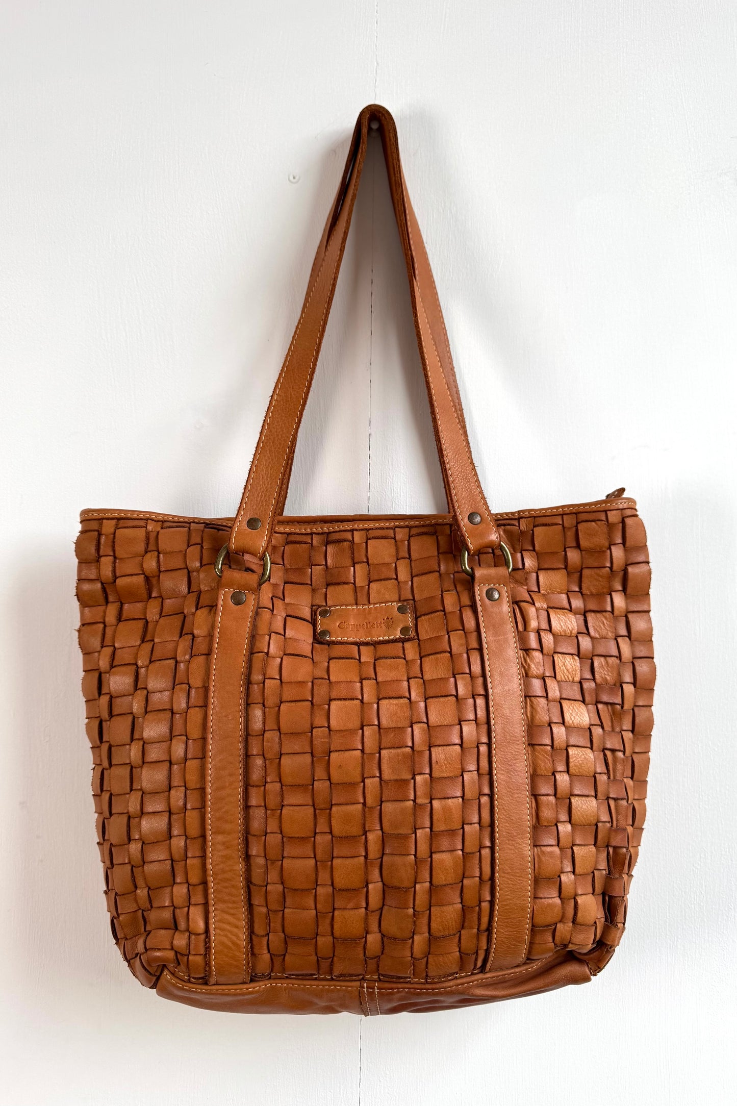 Tan Woven Leather Tote Handbag