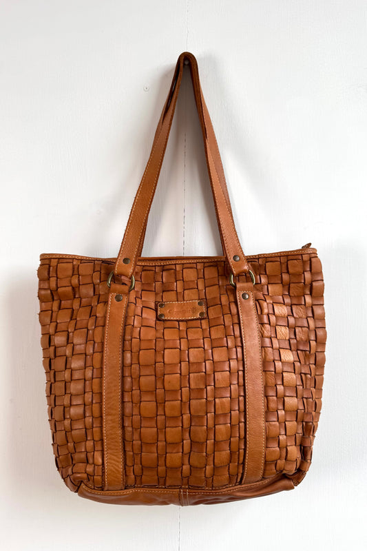 Tan Woven Leather Tote Handbag