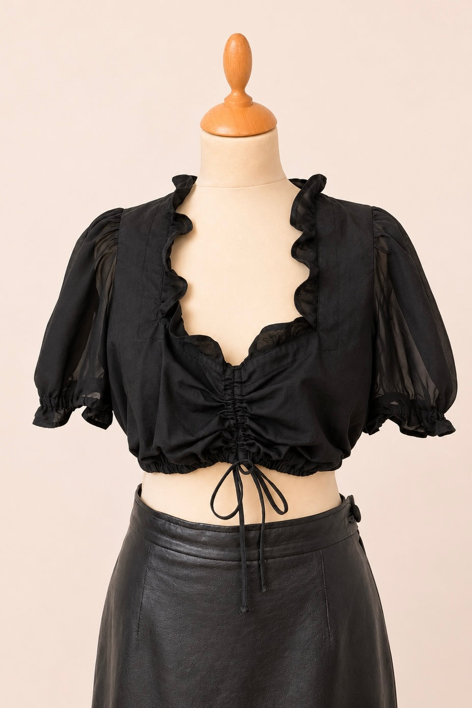 Landhaus Black Cropped Blouse with Puff Sleeve
