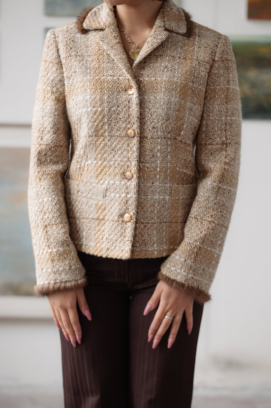 Événement Toujours Camel Brown Blazer Jacket with Fur Detail Size S/M UK 8/10
