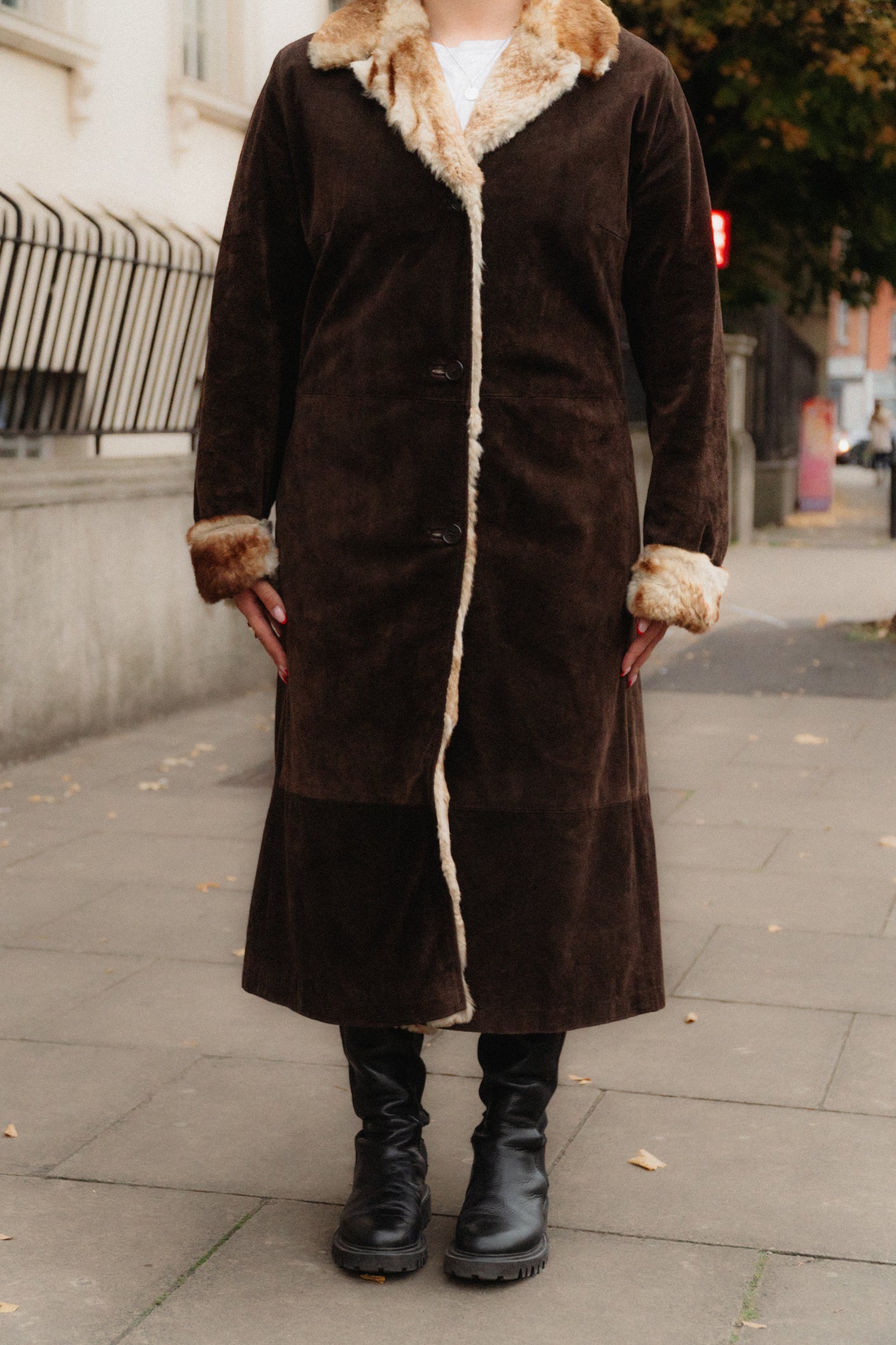 Dark Brown Suede Maxi Coat with Fur Trim Size L/XL UK 12/14