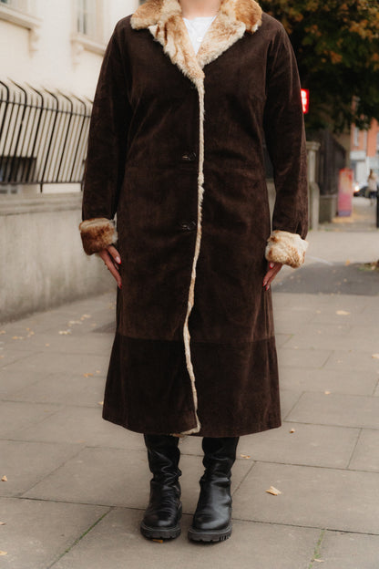 Dark Brown Suede Maxi Coat with Fur Trim Size L/XL UK 12/14