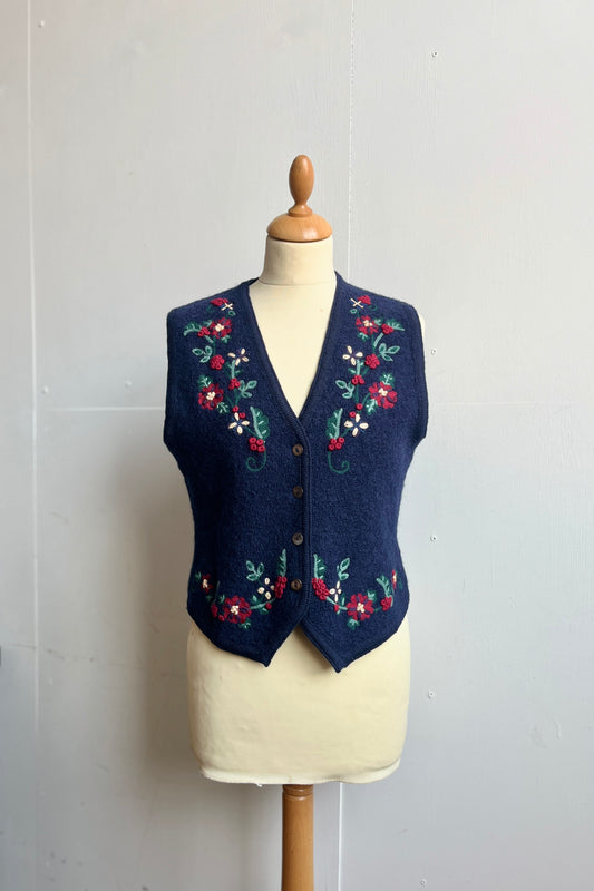 Floral Navy Blue Wool Waistcoat Size S/M UK 8/10