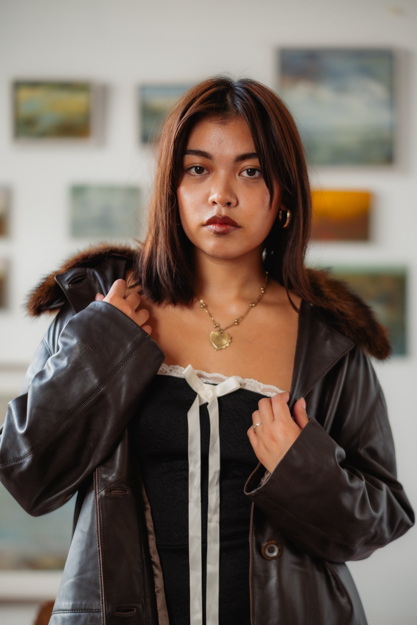 Vintage Leather Coat with Detachable Fur Collar - Real Leather, Real Fur, UK 10/12 M/L