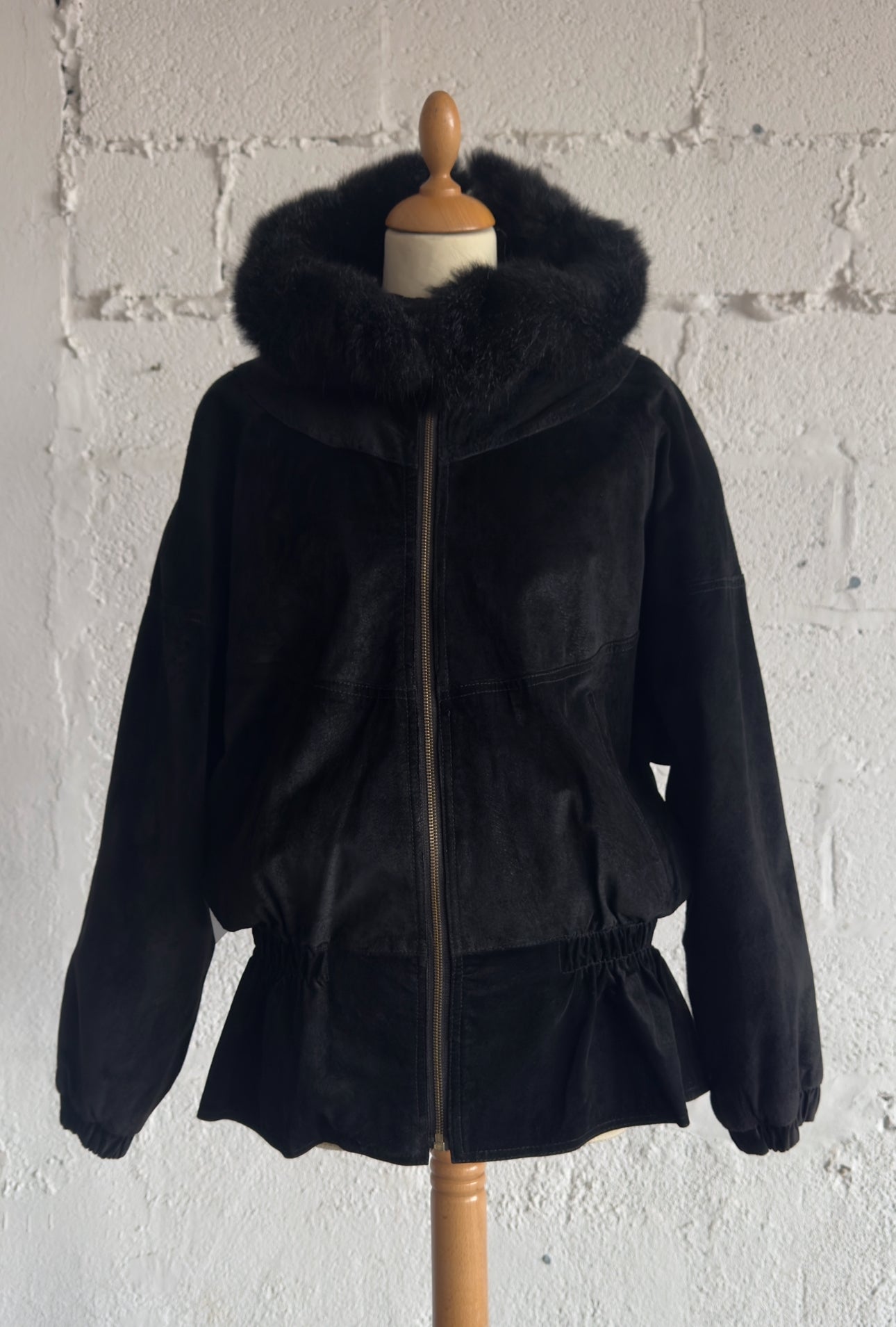 Black Suede Parka Coat with Fur Detail Women's Size S/M UK 8/10