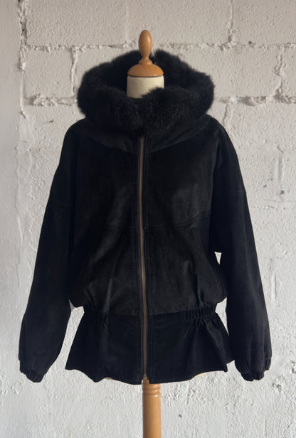 Black Suede Parka Coat with Fur Detail Women's Size S/M UK 8/10