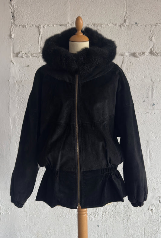 Black Suede Parka Coat with Fur Detail Women's Size S/M UK 8/10