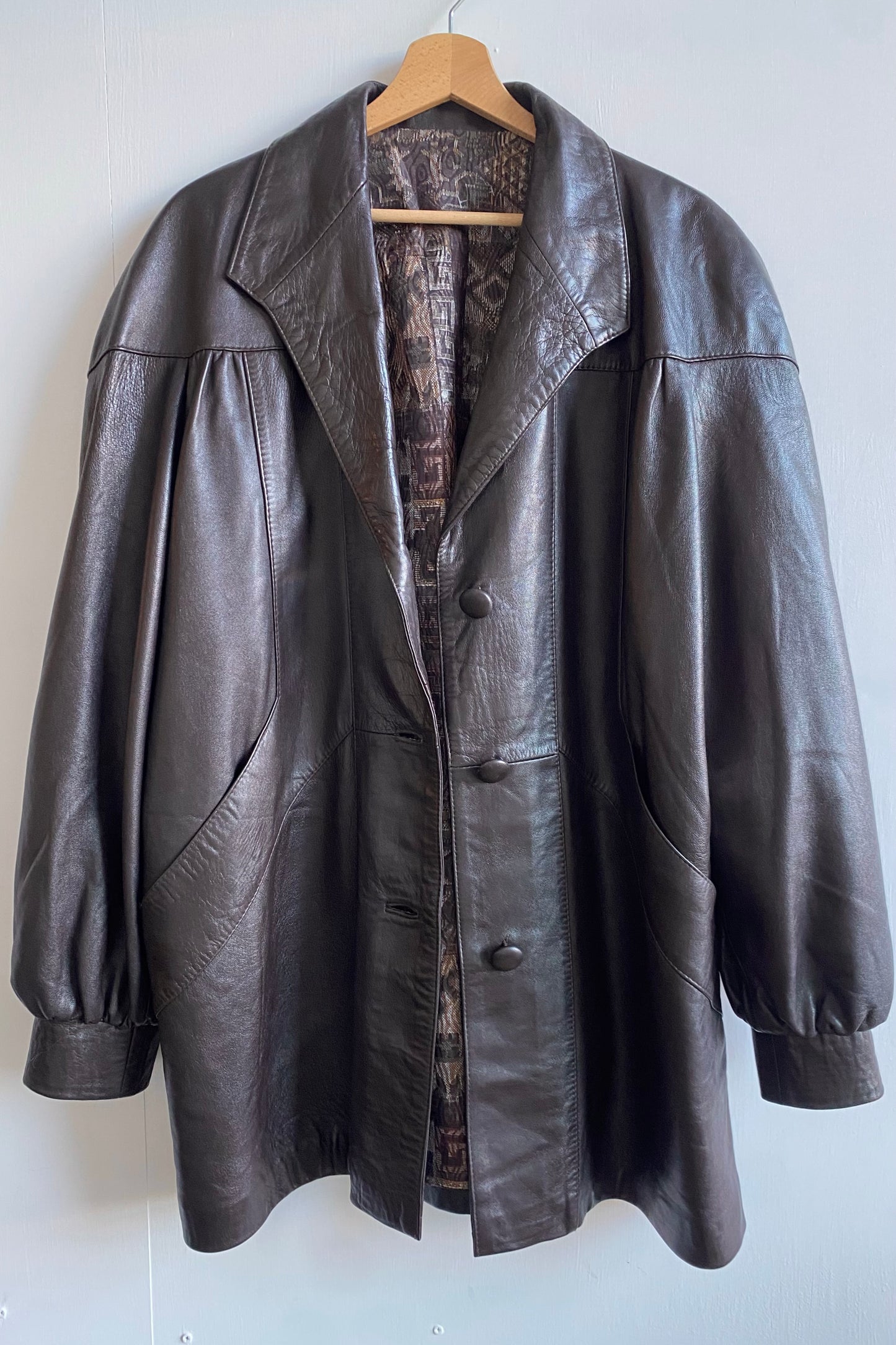 Chocolate Brown Leather Coat Size L UK 12/14