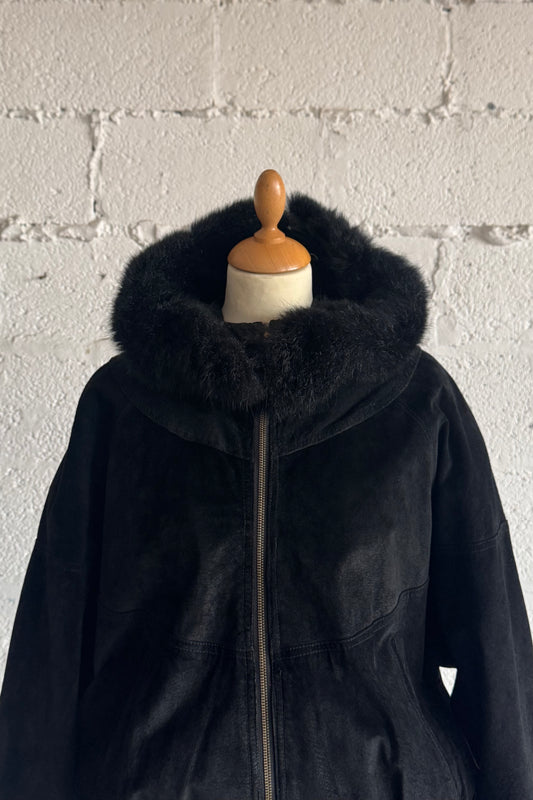 Black Suede Parka Coat with Fur Detail Women's Size S/M UK 8/10