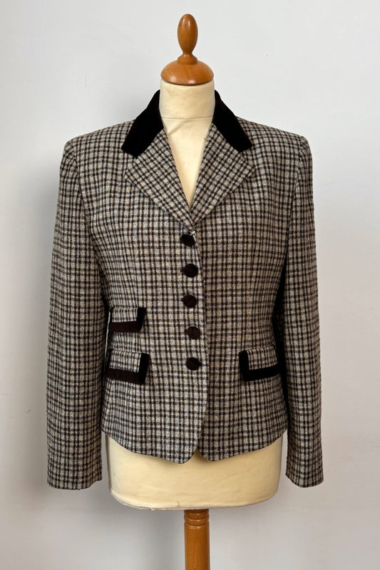 White & Brown Checked Blazer with Velvet Details Size UK 8/10