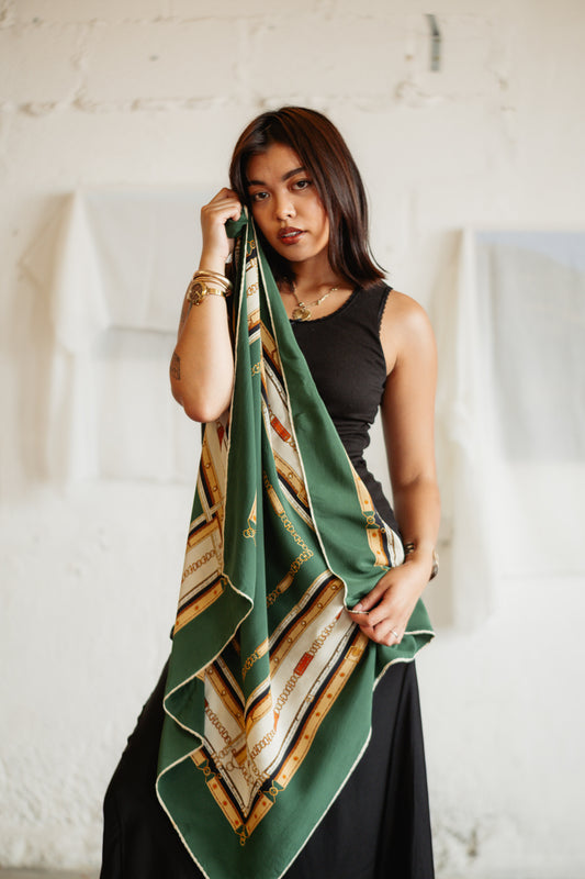 Vintage Mizan Silk Scarf - Emerald Green Chain Print, Elegant Sailor Design