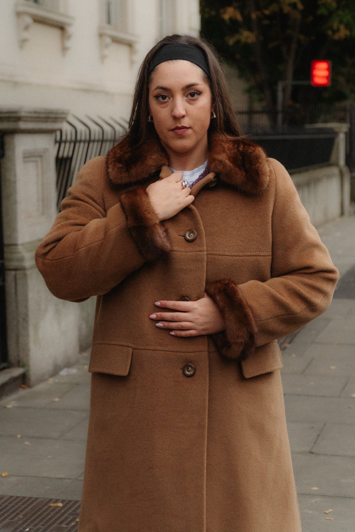 Camel Wool Coat with Fur Collar 50s/60s Size L/XL UK 12/14