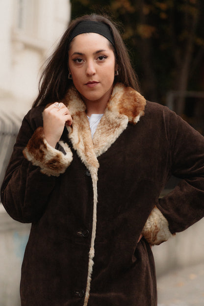 Dark Brown Suede Maxi Coat with Fur Trim Size L/XL UK 12/14
