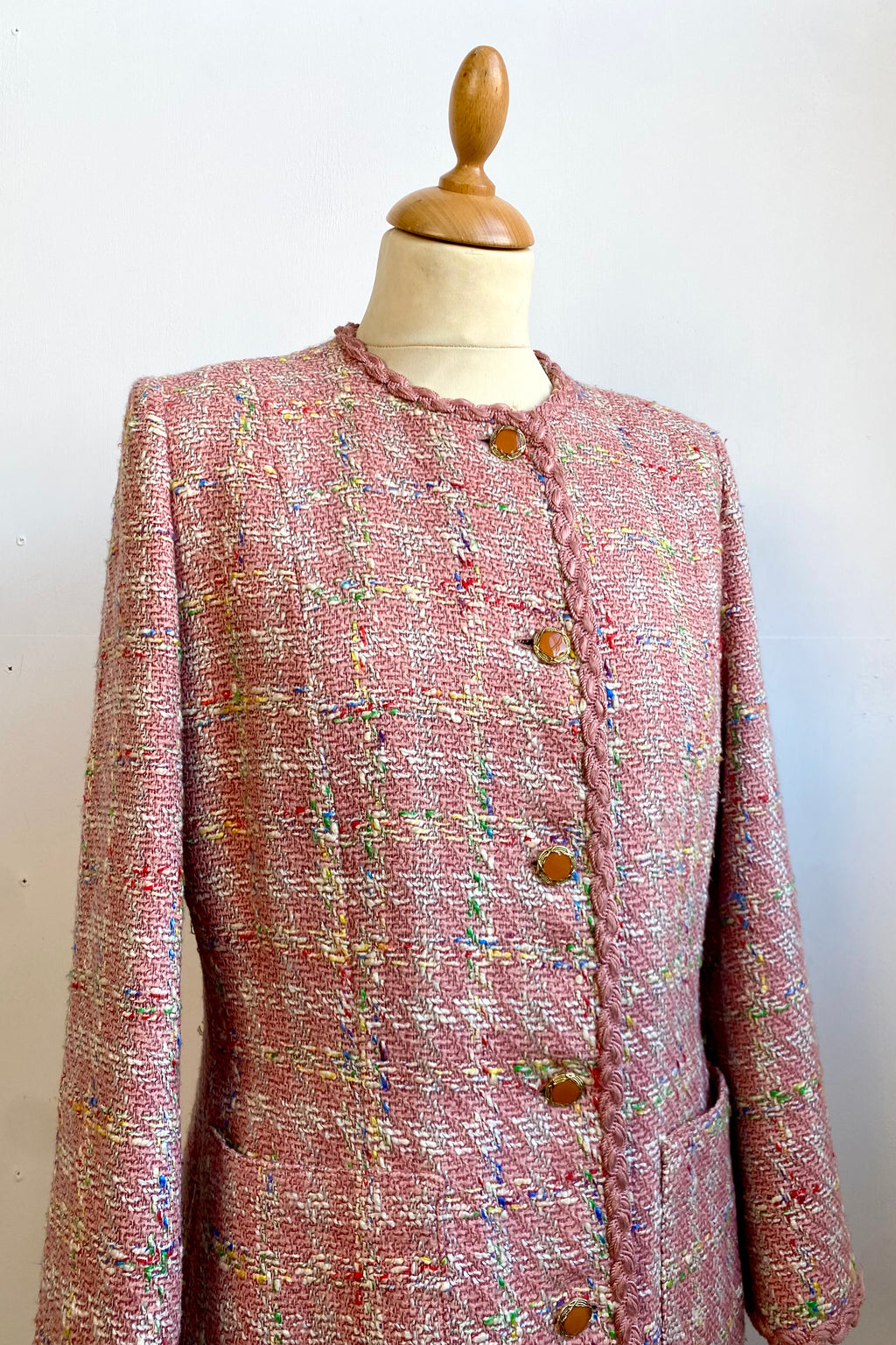Pink Bouclé Blazer Round Collar