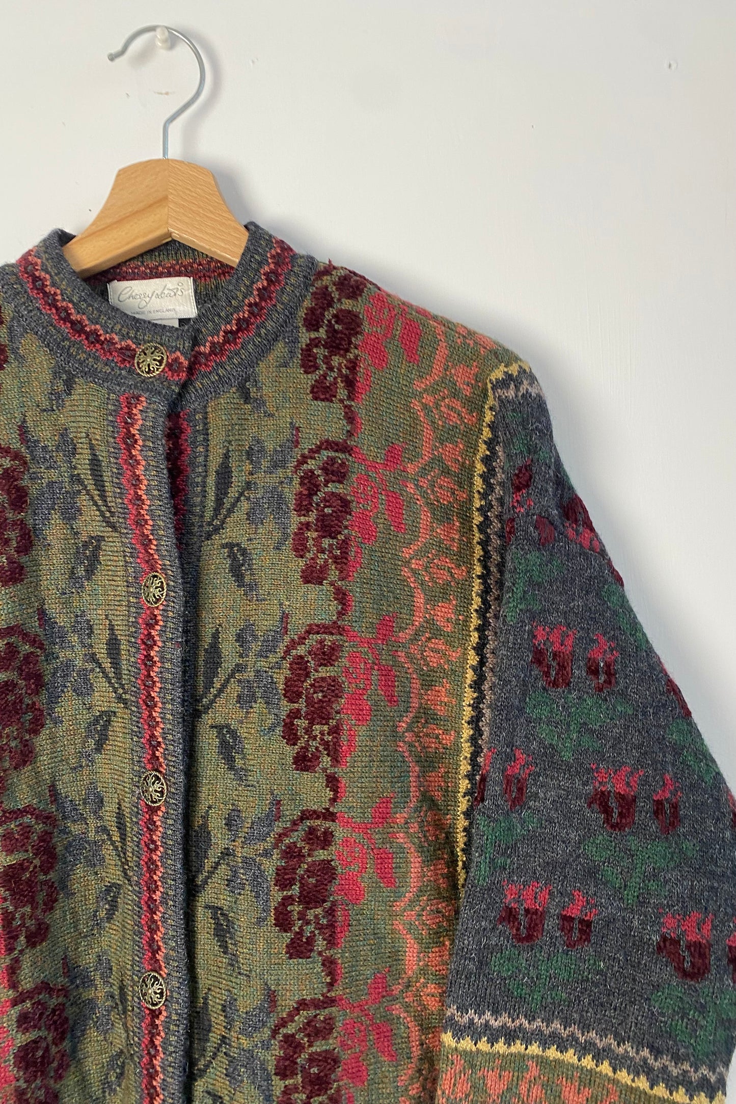 Pattern Cardigan Olive Green, knit detailing Size M/L UK 10/12