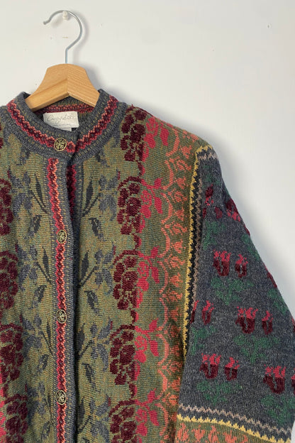 Pattern Cardigan Olive Green, knit detailing Size M/L UK 10/12