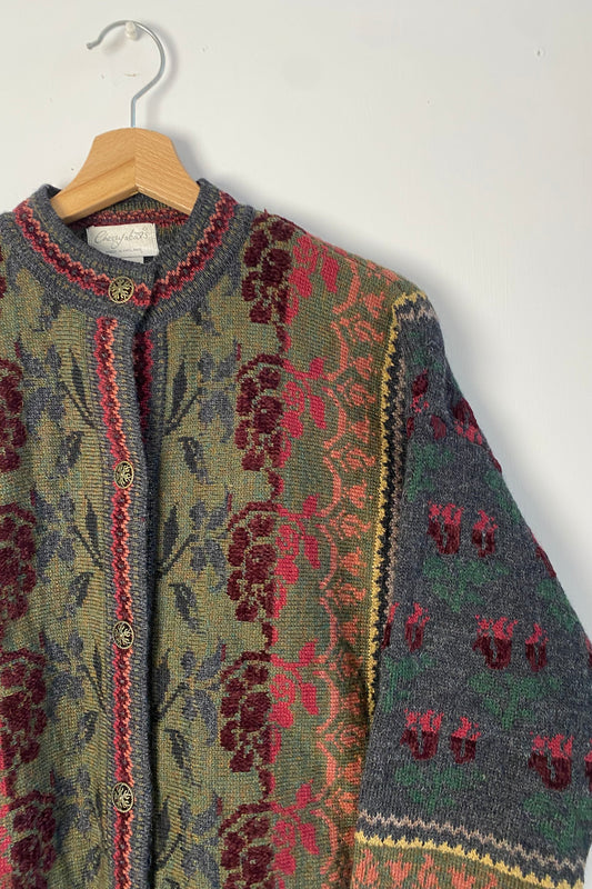 Pattern Cardigan Olive Green, knit detailing Size M/L UK 10/12