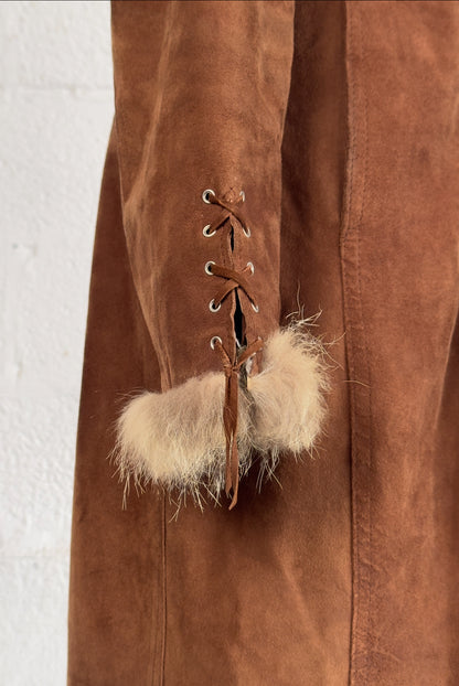 Camel Afghan Suede Coat Real Fur Detail Size M/L Women’s UK 10-12