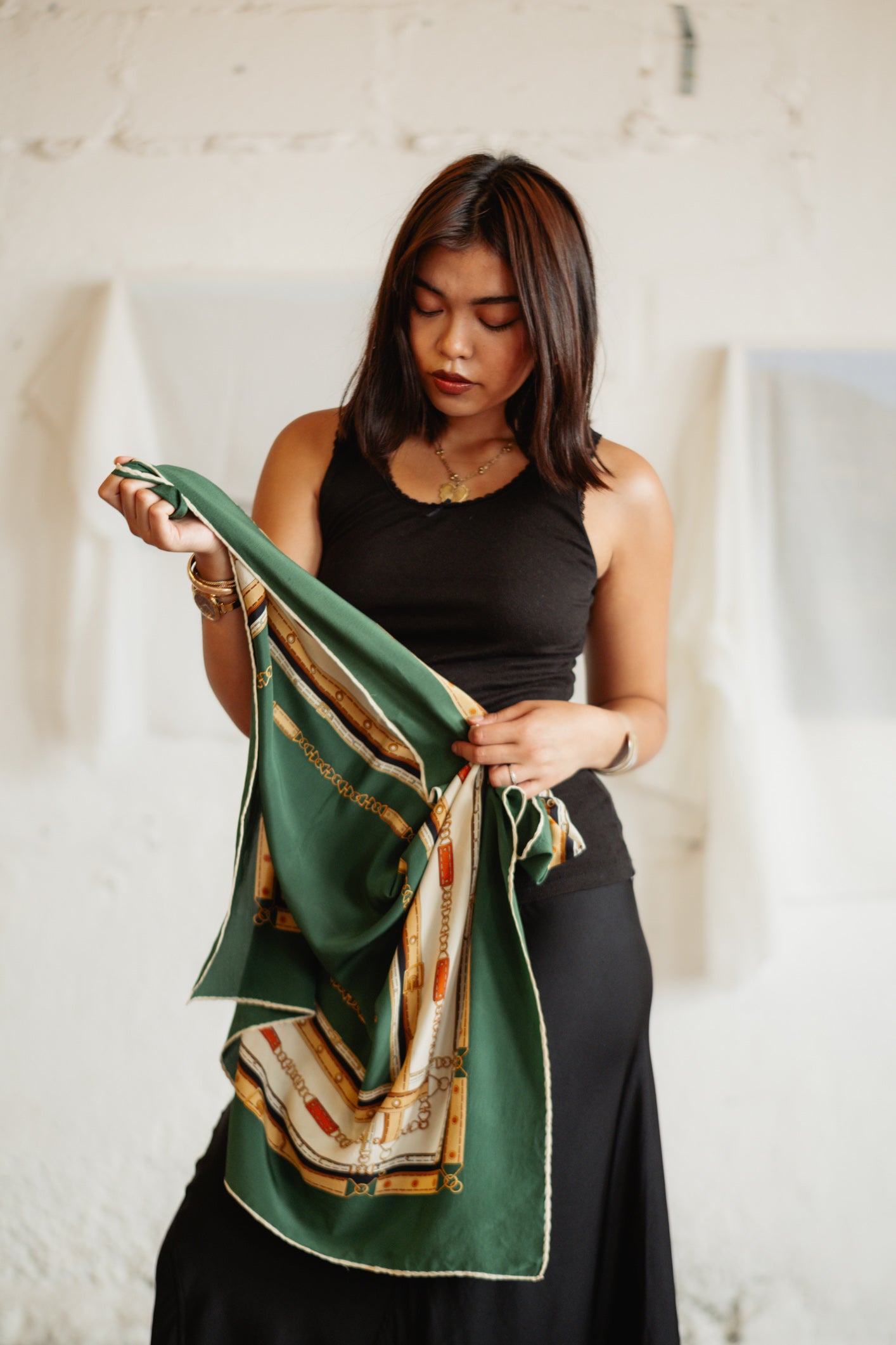 Vintage Mizan Silk Scarf - Emerald Green Chain Print, Elegant Sailor Design