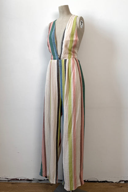 STRIPES LINEN JUMPSUIT SIZE L UK 12 EU 40