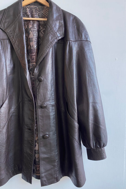 Chocolate Brown Leather Coat Size L UK 12/14