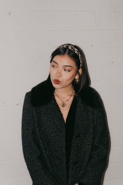 Max Mara Bouclé Black Coat with Fur Collar Size S uk 6/8