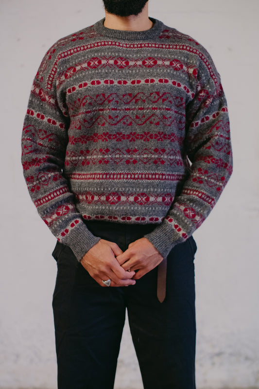 Pure wool jumper in grey and burgundy, size L/XL UK 12/14