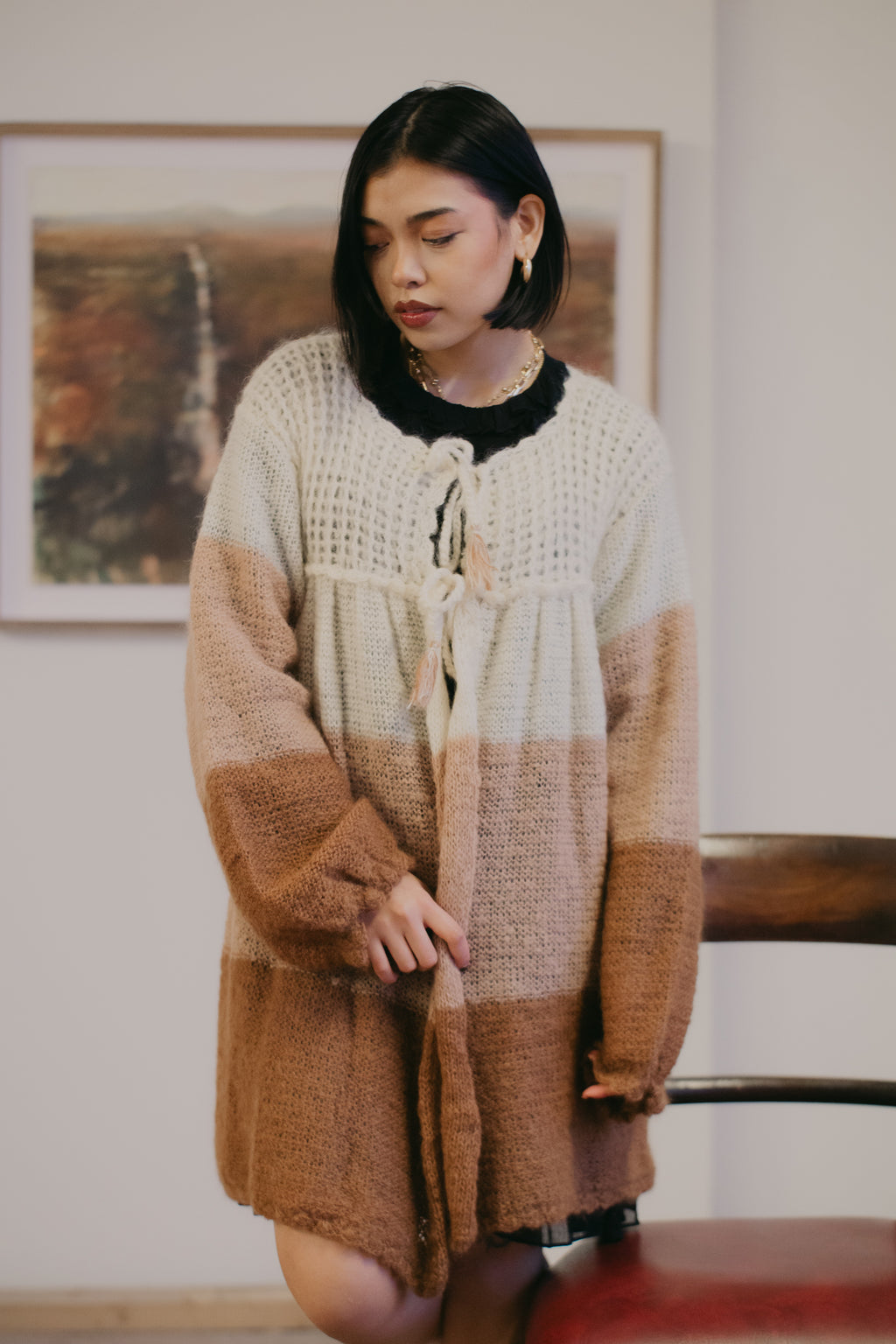 Chunky Crochet Three-Tone Wool Cardigan