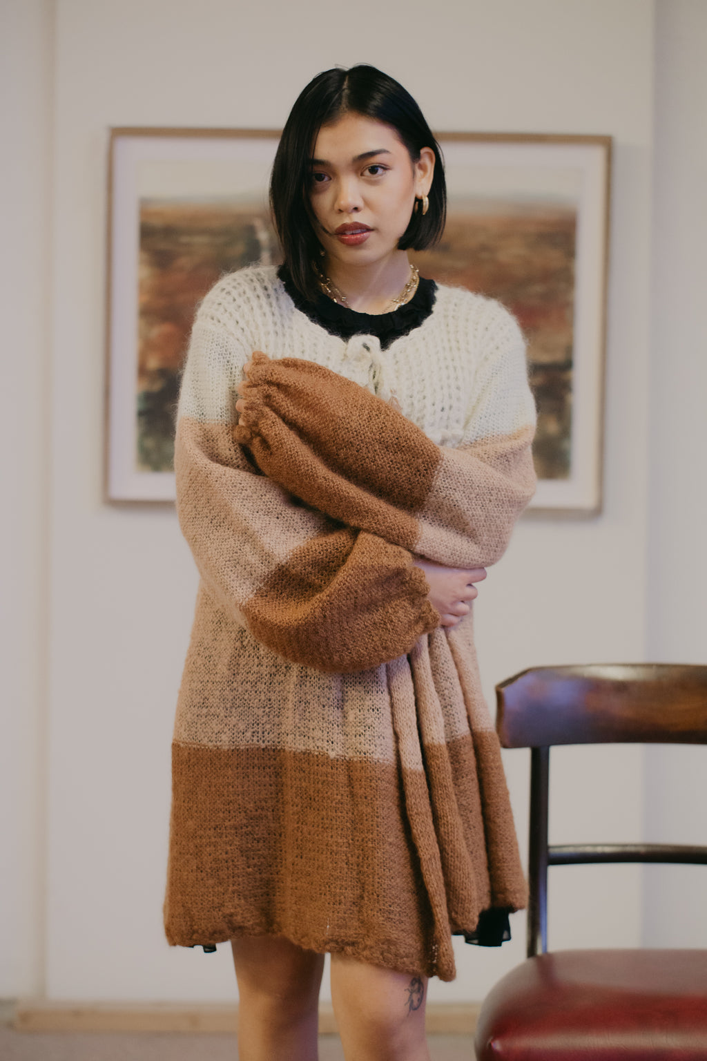 Chunky Crochet Three-Tone Wool Cardigan