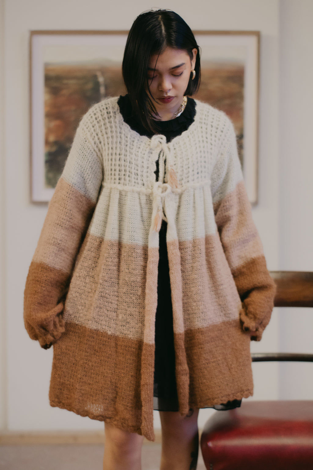 Chunky Crochet Three-Tone Wool Cardigan
