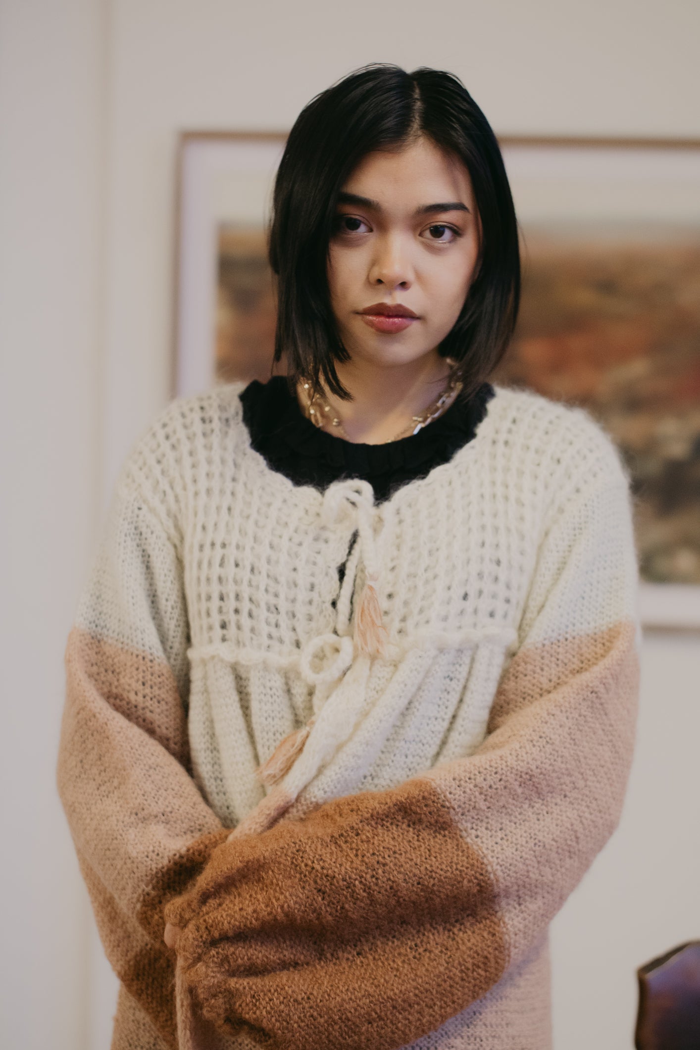 Chunky Crochet Three-Tone Wool Cardigan