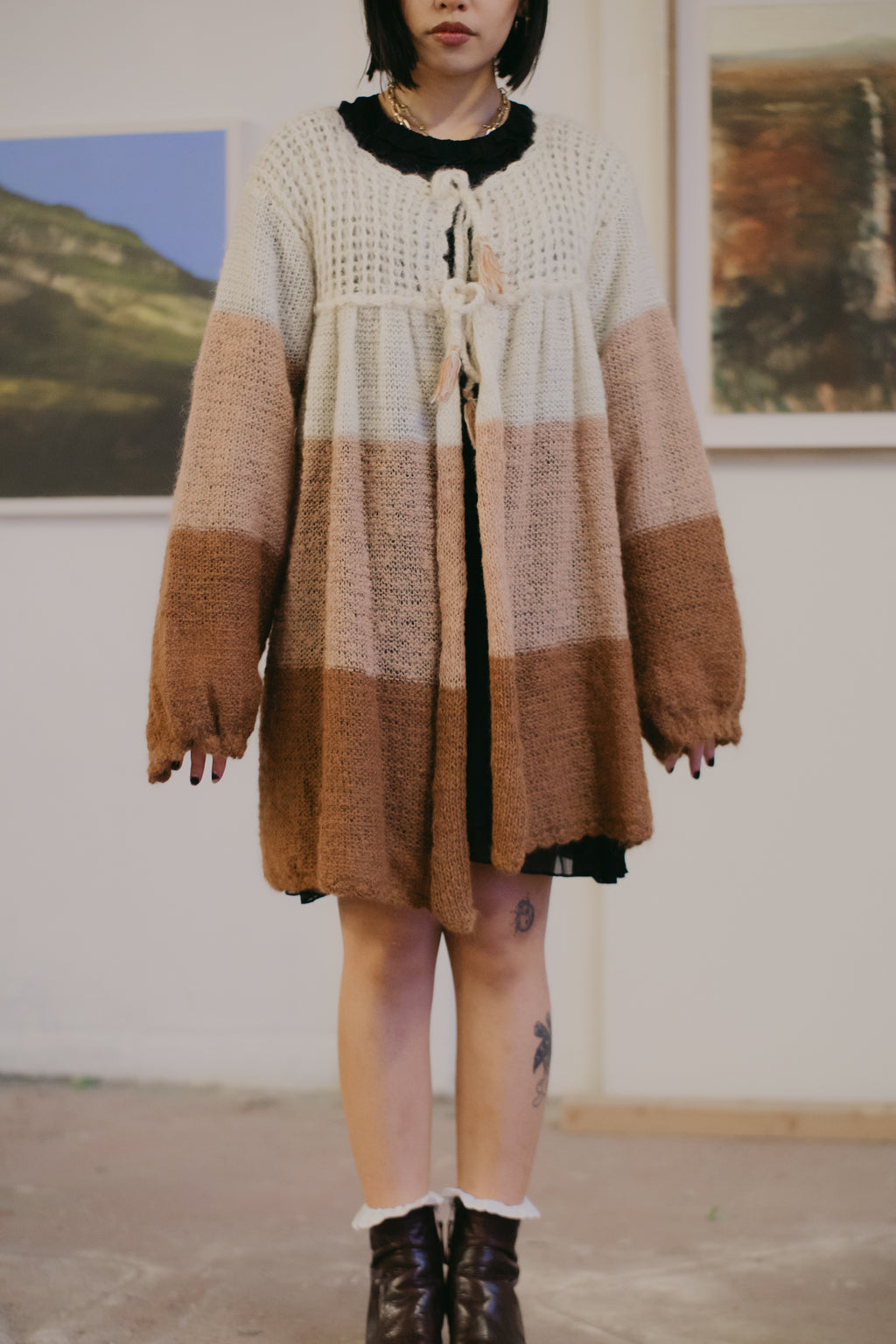 Chunky Crochet Three-Tone Wool Cardigan