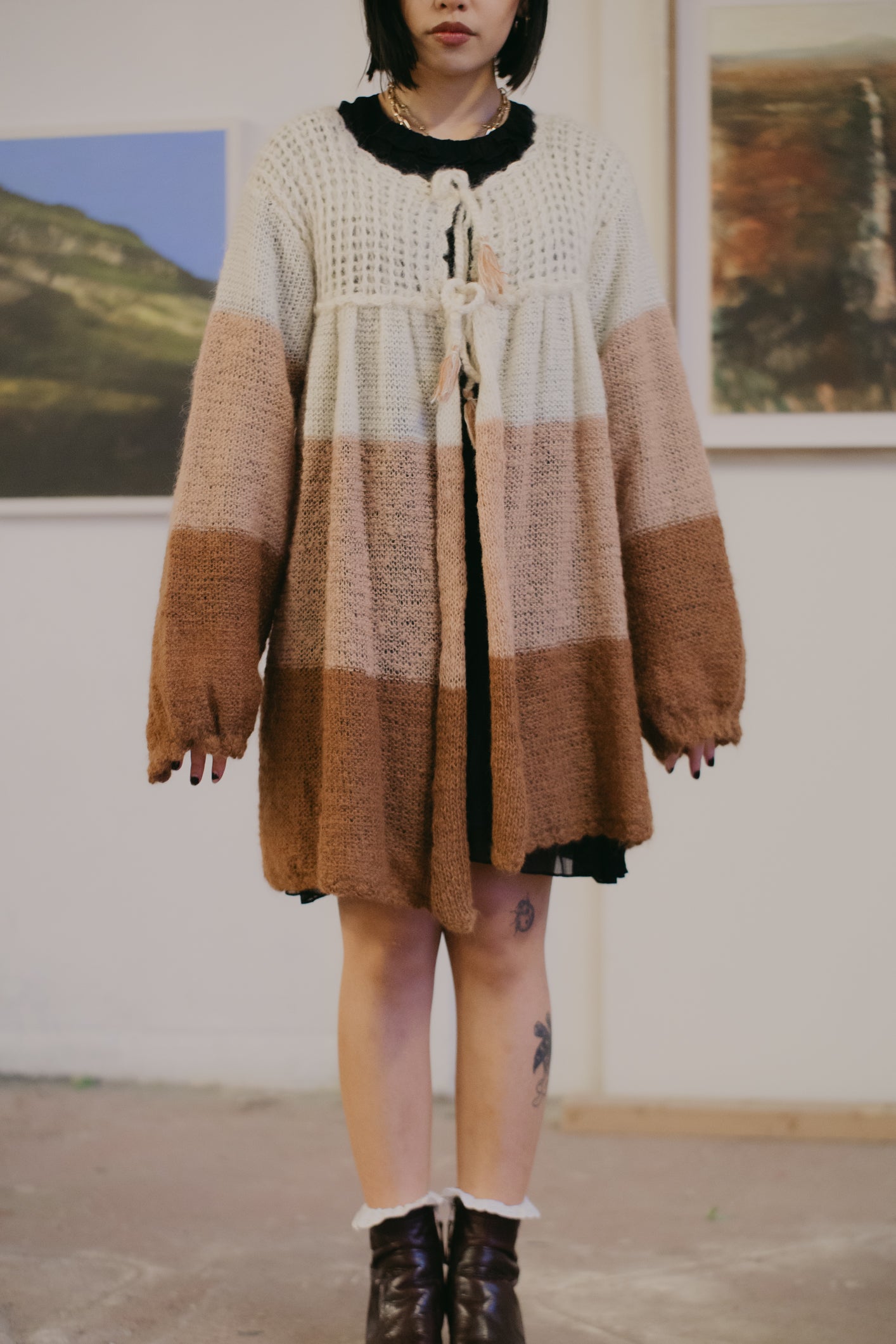 Chunky Crochet Three-Tone Wool Cardigan