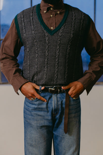 Dark Grey Knitted Sweater Vest with Green Trim - Size L UK 12/14