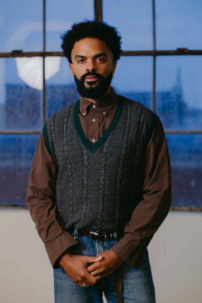 Dark Grey Knitted Sweater Vest with Green Trim - Size L UK 12/14