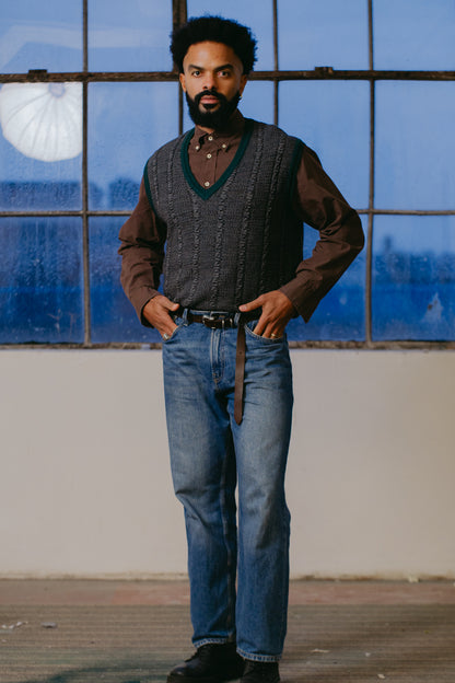 Dark Grey Knitted Sweater Vest with Green Trim - Size L UK 12/14