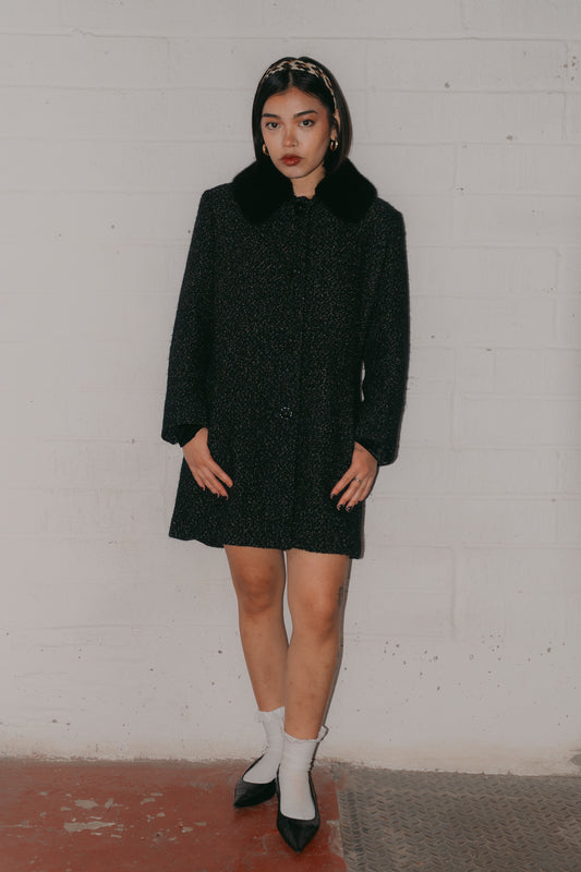 Max Mara Bouclé Black Coat with Fur Collar Size S uk 6/8