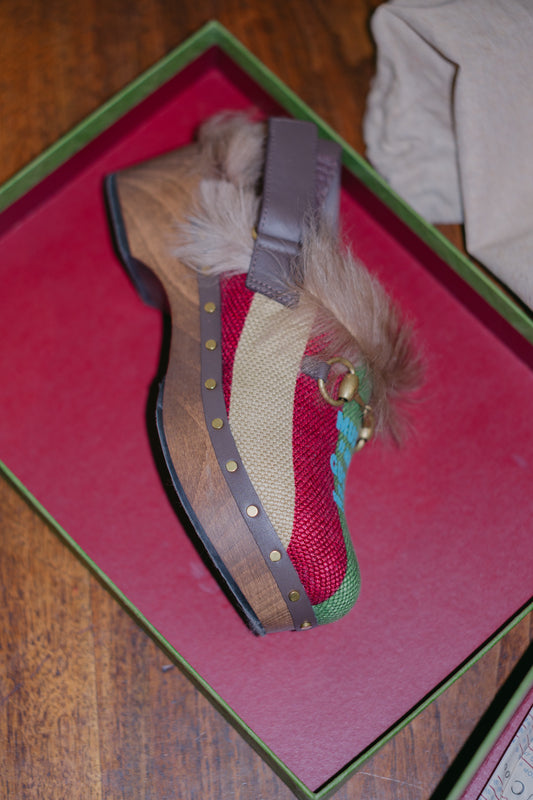 Preloved Gucci Canvas & Fur Clogs – Size EU 38 / UK 5