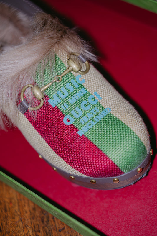 Preloved Gucci Canvas & Fur Clogs – Size EU 38 / UK 5